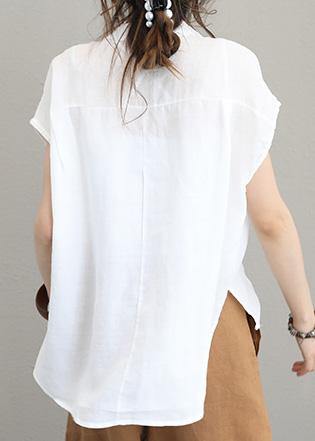 DIY beige white linen shirts women short sleeve baggy low high design tops - bagstylebliss