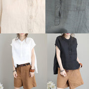 DIY beige white linen shirts women short sleeve baggy low high design tops - bagstylebliss