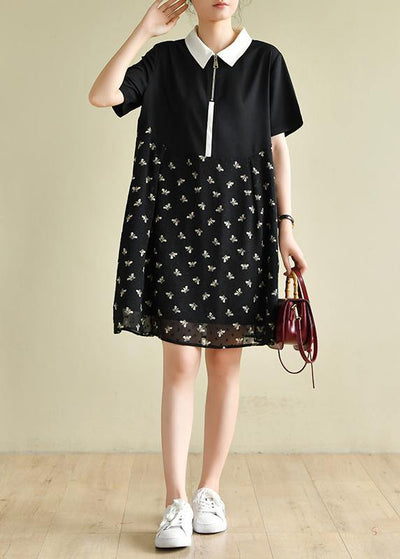 DIY black Bee print lapel patchwork short summer Dress - bagstylebliss