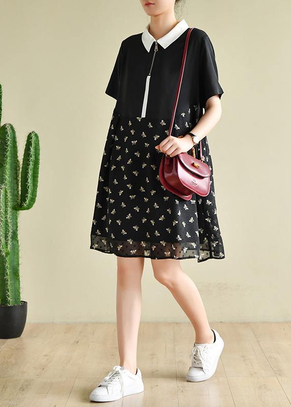 DIY black Bee print lapel patchwork short summer Dress - bagstylebliss