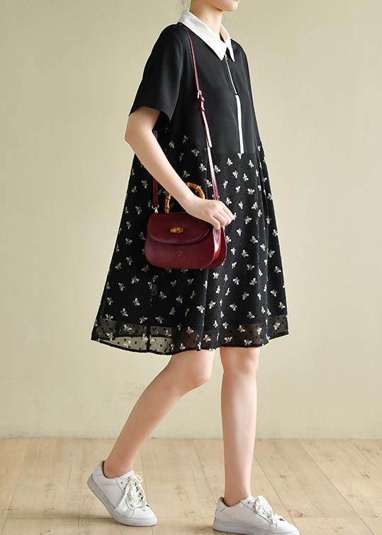 DIY black Bee print lapel patchwork short summer Dress - bagstylebliss