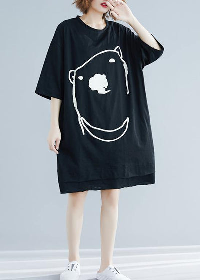 DIY black Cartoon print Cotton Tunics o neck Art summer Dress - bagstylebliss