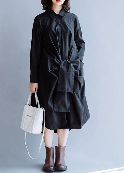 DIY black cotton clothes For Women lapel asymmetric long fall Dress - bagstylebliss