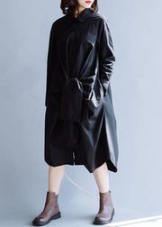 DIY black cotton clothes For Women lapel asymmetric long fall Dress - bagstylebliss