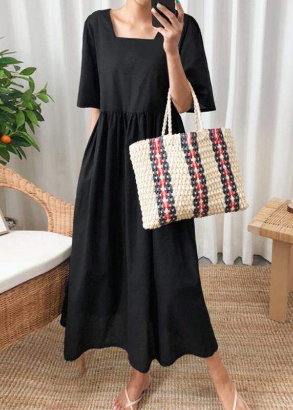 DIY black cotton linen Long Shirts v neck flare sleeve Art summer Dresses - bagstylebliss