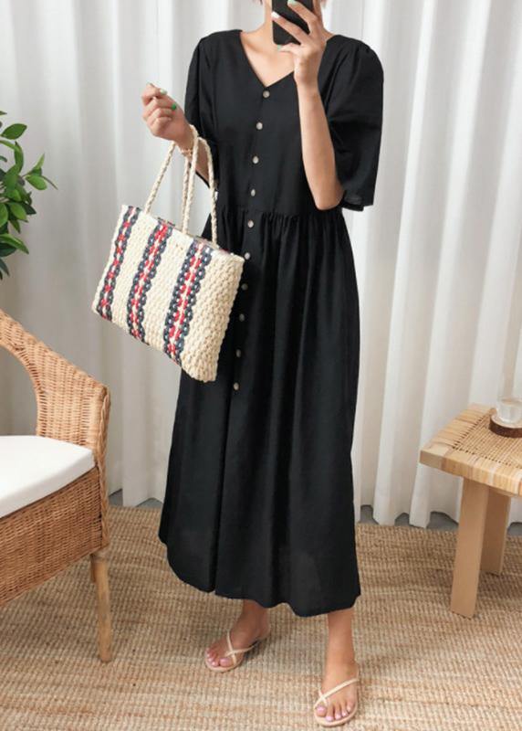 DIY black cotton linen Long Shirts v neck flare sleeve Art summer Dresses - bagstylebliss