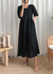 DIY black cotton linen Long Shirts v neck flare sleeve Art summer Dresses - bagstylebliss