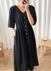 DIY black cotton linen Long Shirts v neck flare sleeve Art summer Dresses - bagstylebliss