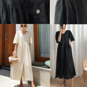 DIY black cotton linen Long Shirts v neck flare sleeve Art summer Dresses - bagstylebliss