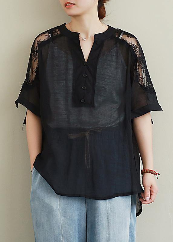 DIY black lace Shirts v neck Plus Size Clothing blouse - bagstylebliss