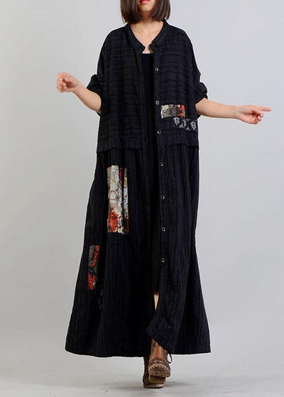 DIY black linen cotton coat patchwork Cinched cotton robes fall coat - bagstylebliss