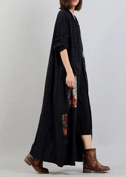 DIY black linen cotton coat patchwork Cinched cotton robes fall coat - bagstylebliss