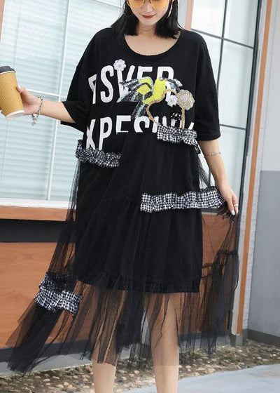 DIY black patchwork cotton quilting dresses asymmetric A Line summer Dress - bagstylebliss