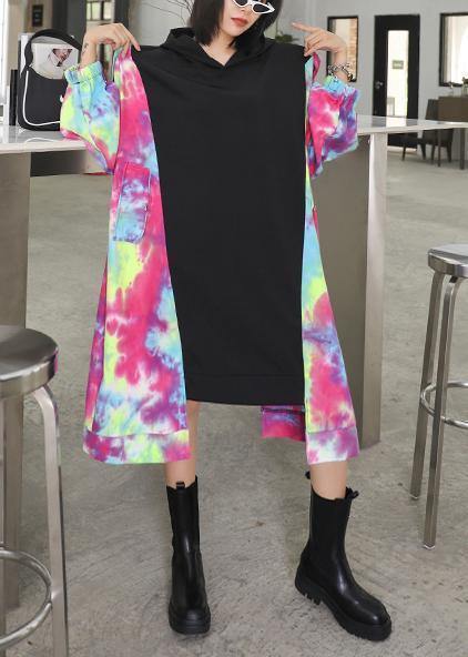 DIY black patchwork print clothes o neck asymmetric shift Dresses - bagstylebliss