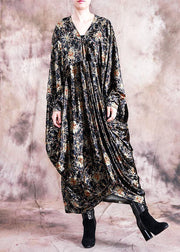 DIY black print dresses v neck asymmetric Art fall Dress - bagstylebliss
