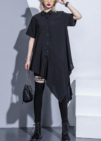 DIY black silk Cotton Tunics lapel asymmetric cotton summer shirt Dresses - bagstylebliss