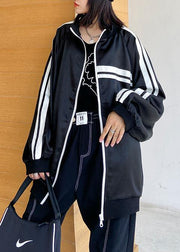 DIY black striped Fine tunic pattern Inspiration stand collar zippered  outwear - bagstylebliss