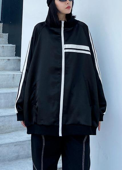 DIY black striped Fine tunic pattern Inspiration stand collar zippered  outwear - bagstylebliss