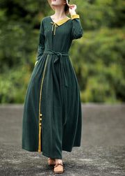 DIY blackish green quilting dresses v neck tie waist loose spring Dresses - bagstylebliss