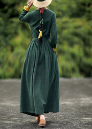 DIY blackish green quilting dresses v neck tie waist loose spring Dresses - bagstylebliss