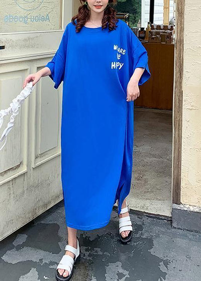 DIY blue alphabet prints cotton Tunics side open Art summer Dresses - bagstylebliss