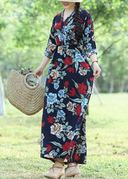 DIY blue cotton tunics for women Casual Shape prints cotton robes summer Dress - bagstylebliss