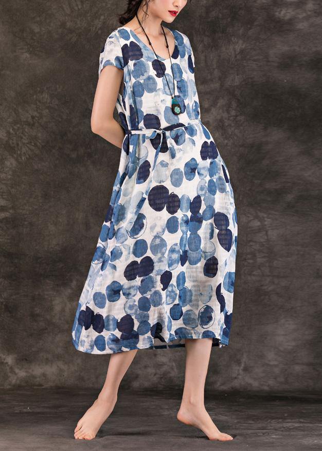 DIY blue dotted linen clothes For Women o neck tie waist Kaftan summer Dresses - bagstylebliss