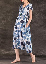 DIY blue dotted linen clothes For Women o neck tie waist Kaftan summer Dresses - bagstylebliss