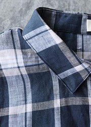 DIY blue gray Plaid linen clothes For Women lapel loose summer top - bagstylebliss