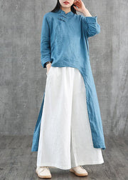 DIY blue linen Robes stand collar asymmetric Robe Dress - bagstylebliss