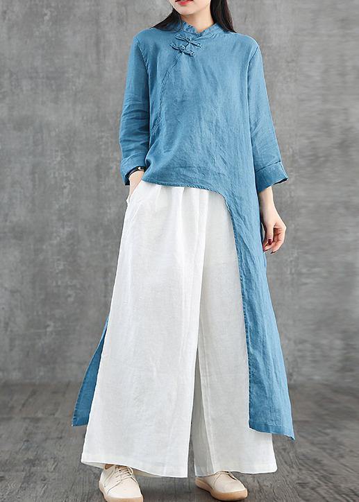 DIY blue linen Robes stand collar asymmetric Robe Dress - bagstylebliss