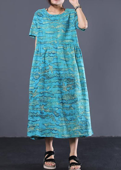 DIY blue linen dresses prints loose summer Dress - bagstylebliss