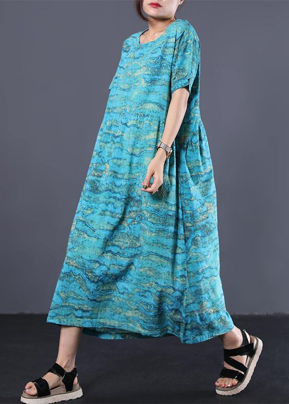 DIY blue linen dresses prints loose summer Dress - bagstylebliss