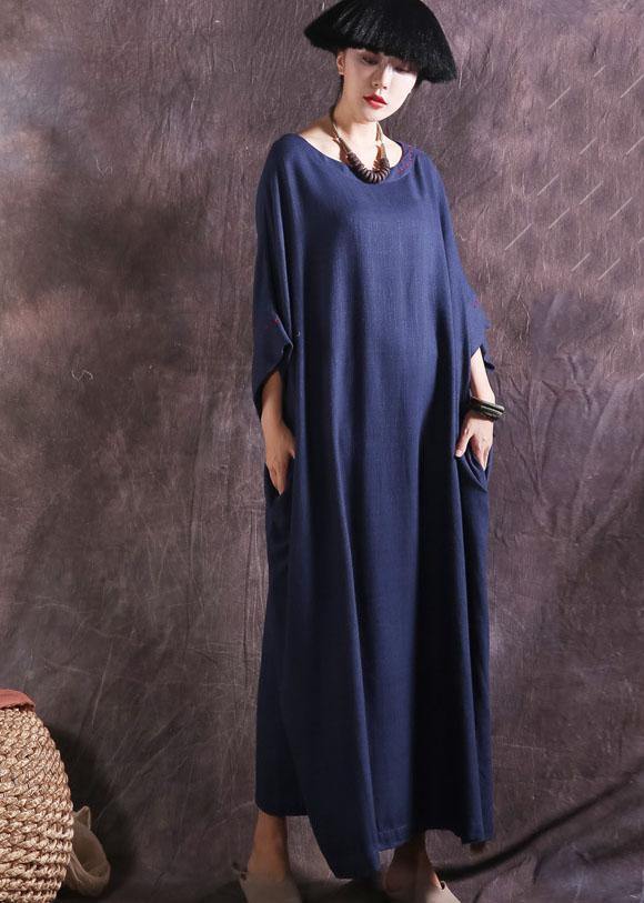 DIY blue loose waist linen cotton clothes For Women Batwing Sleeve long summer Dresses - bagstylebliss