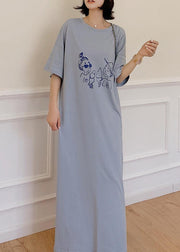 DIY blue o neck cotton tunic dress side open Plus Size Dresses - bagstylebliss