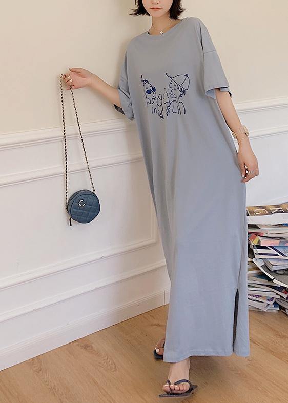 DIY blue o neck cotton tunic dress side open Plus Size Dresses - bagstylebliss