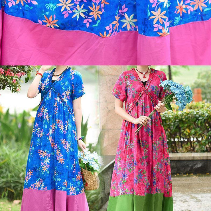 DIY blue print cotton tunic pattern v neck patchwork cotton robes summer Dresses - bagstylebliss