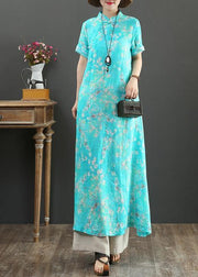 DIY blue print linen Robes stand collar Chinese Button Love summer Dress - bagstylebliss