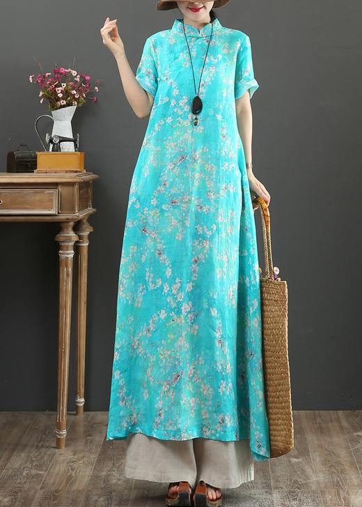 DIY blue print linen Robes stand collar Chinese Button Love summer Dress - bagstylebliss