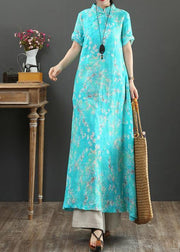 DIY blue print linen Robes stand collar Chinese Button Love summer Dress - bagstylebliss