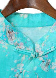 DIY blue print linen Robes stand collar Chinese Button Love summer Dress - bagstylebliss