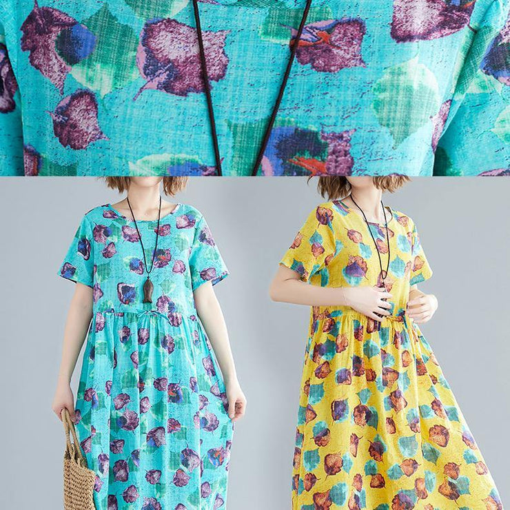 DIY blue print linen quilting clothes Fitted Wardrobes o neck patchwork A Line Summer Dress - bagstylebliss
