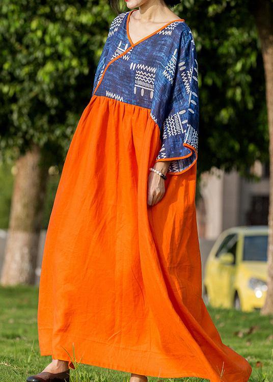 DIY blue print patchwork orange linen Robes v neck cotton summer Dresses - bagstylebliss