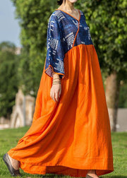 DIY blue print patchwork orange linen Robes v neck cotton summer Dresses - bagstylebliss