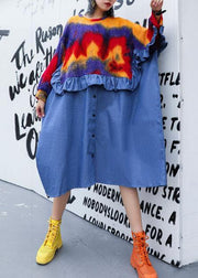 DIY blue ruffles cotton dresses patchwork Plus Size fall Dresses - bagstylebliss