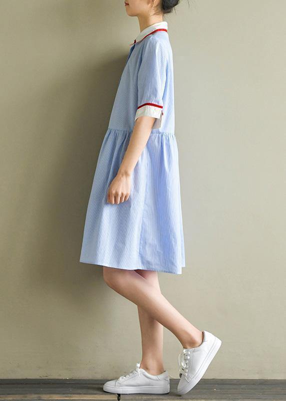 DIY blue striped Cotton clothes lapel half sleeve baggy summer Dress - bagstylebliss