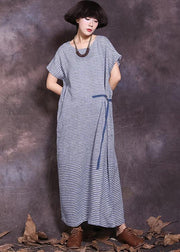 DIY blue striped cotton linen Robes tie waist Maxi summer Dress - bagstylebliss