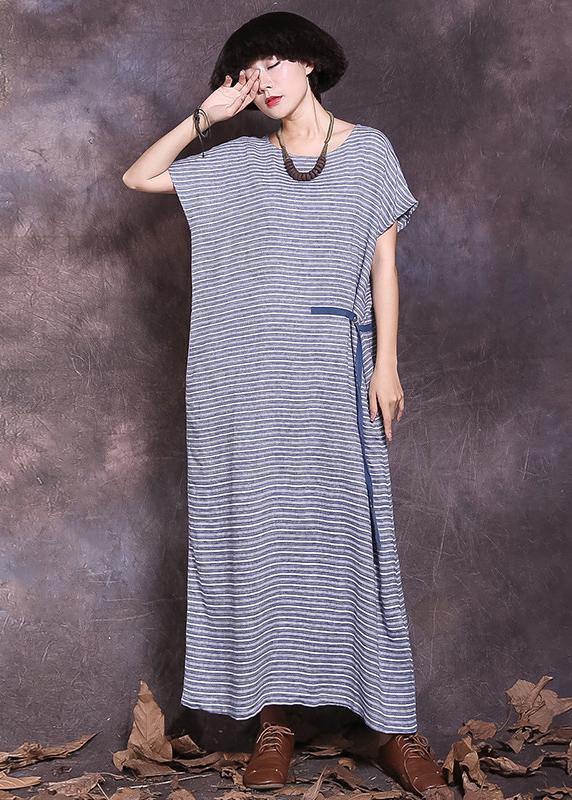 DIY blue striped cotton linen Robes tie waist Maxi summer Dress - bagstylebliss