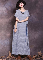 DIY blue striped cotton linen Robes tie waist Maxi summer Dress - bagstylebliss