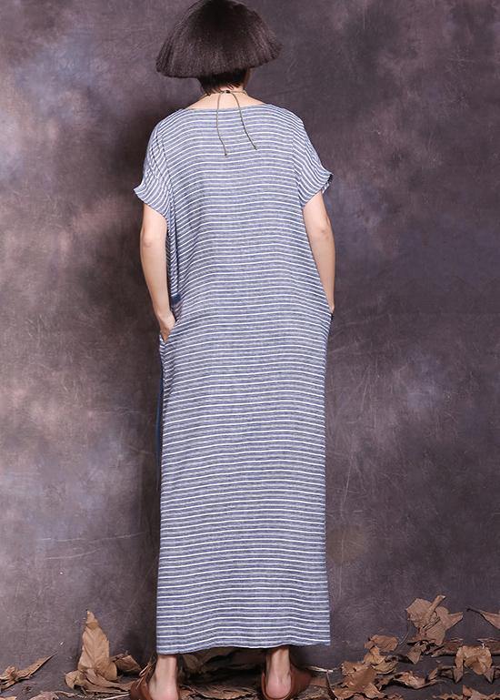 DIY blue striped cotton linen Robes tie waist Maxi summer Dress - bagstylebliss